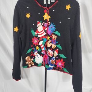 Holiday Black Cardigan with Festive Design